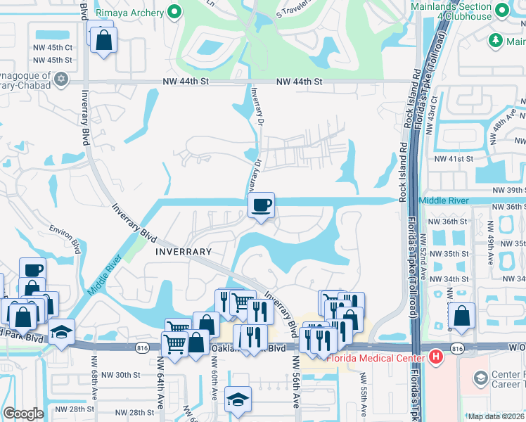 map of restaurants, bars, coffee shops, grocery stores, and more near 3760 Inverrary Drive in Lauderhill