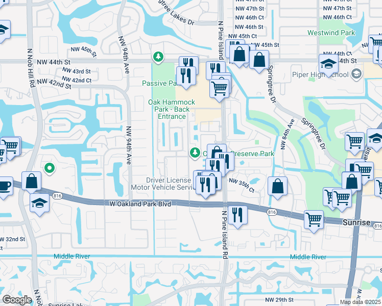 map of restaurants, bars, coffee shops, grocery stores, and more near 9010 Northwest 38th Place in Sunrise