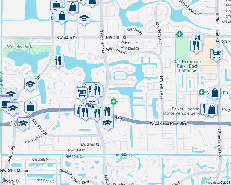 map of restaurants, bars, coffee shops, grocery stores, and more near 9763 Northwest 37th Street in Sunrise