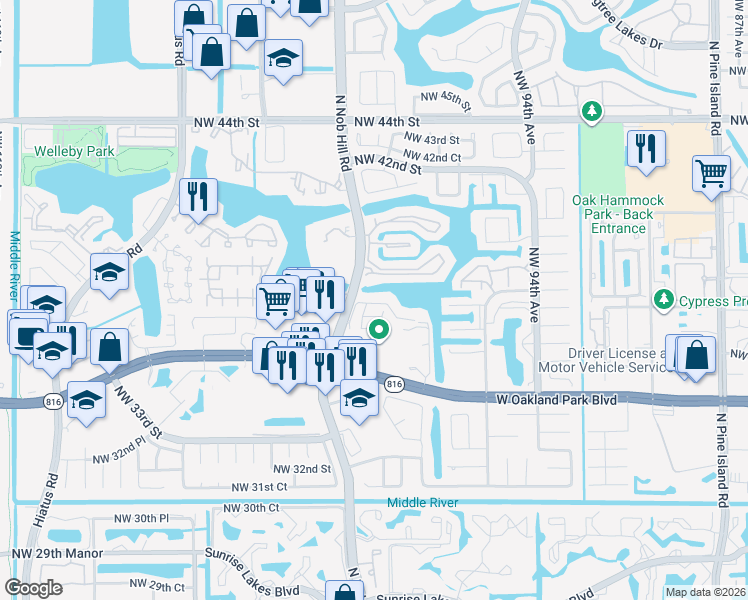 map of restaurants, bars, coffee shops, grocery stores, and more near 3639 Northwest 99th Terrace in Sunrise