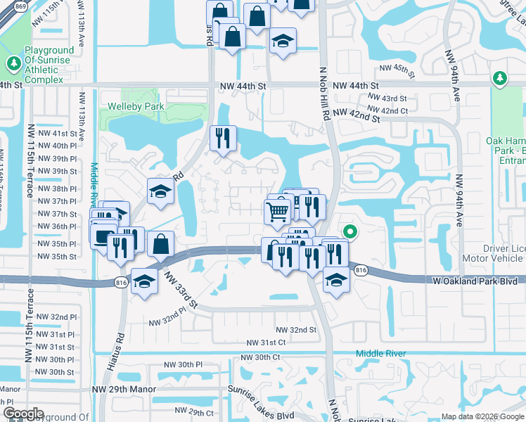 map of restaurants, bars, coffee shops, grocery stores, and more near 10057 Winding Lake Road in Sunrise