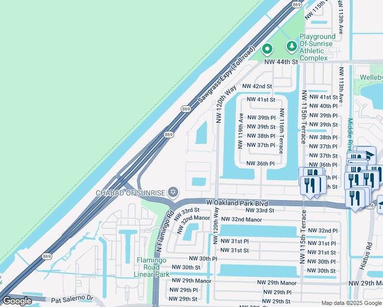 map of restaurants, bars, coffee shops, grocery stores, and more near 12240 Northwest 36th Place in Sunrise