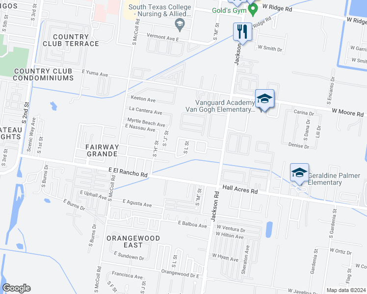 map of restaurants, bars, coffee shops, grocery stores, and more near 3013 South K Center in McAllen