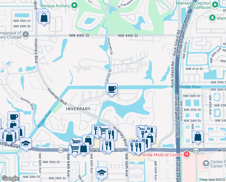 map of restaurants, bars, coffee shops, grocery stores, and more near 3760 Inverrary Drive in Lauderhill