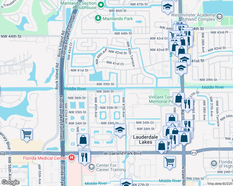 map of restaurants, bars, coffee shops, grocery stores, and more near 4706 Northwest 36th Street in Lauderdale Lakes