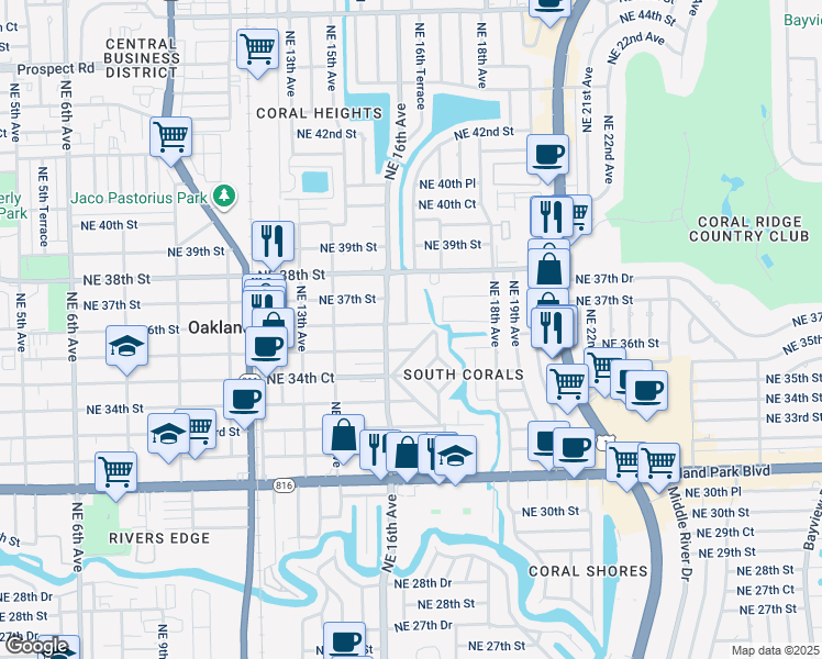 map of restaurants, bars, coffee shops, grocery stores, and more near 1658 Northeast 36th Street in Oakland Park