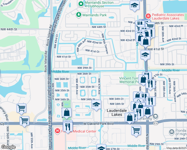 map of restaurants, bars, coffee shops, grocery stores, and more near 5075 Northwest 36th Street in Lauderdale Lakes