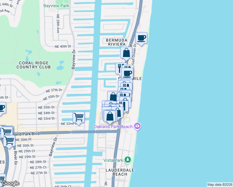 map of restaurants, bars, coffee shops, grocery stores, and more near 3532 North Ocean Boulevard in Fort Lauderdale