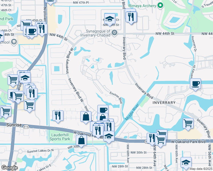 map of restaurants, bars, coffee shops, grocery stores, and more near 3650 Environ Boulevard in Lauderhill