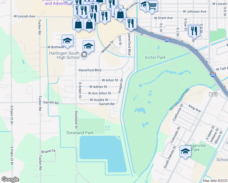 map of restaurants, bars, coffee shops, grocery stores, and more near 1913-1917 West Ann Arbor Street in Harlingen