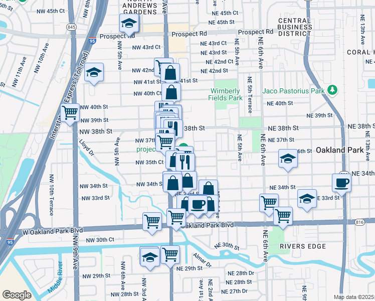 map of restaurants, bars, coffee shops, grocery stores, and more near 80 Northeast 36th Court in Oakland Park
