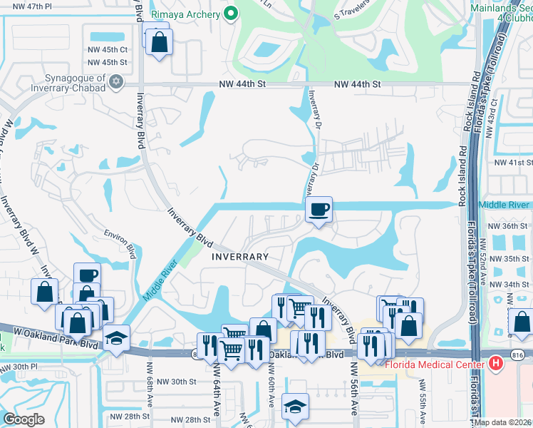 map of restaurants, bars, coffee shops, grocery stores, and more near 3551 Inverrary Drive in Lauderhill