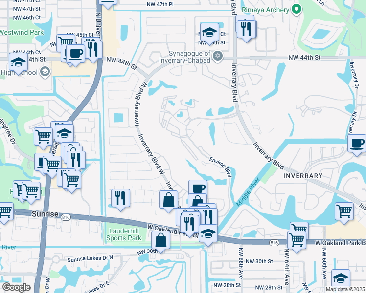 map of restaurants, bars, coffee shops, grocery stores, and more near 3771 Environ Boulevard in Lauderhill