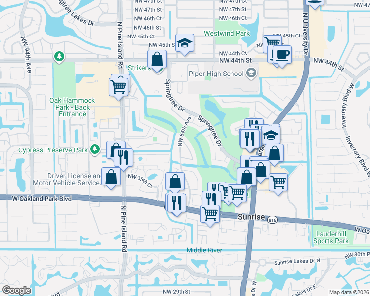 map of restaurants, bars, coffee shops, grocery stores, and more near 8356 Northwest 37th Place in Sunrise