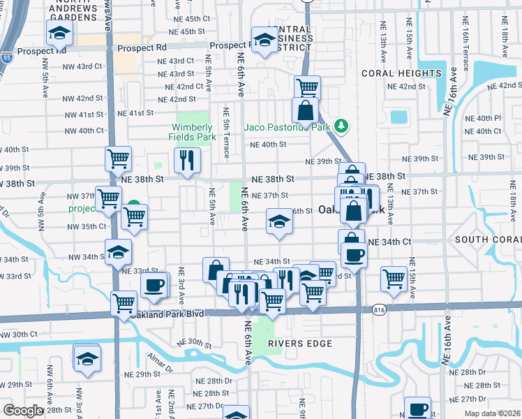 map of restaurants, bars, coffee shops, grocery stores, and more near 698 Northeast 36th Street in Oakland Park