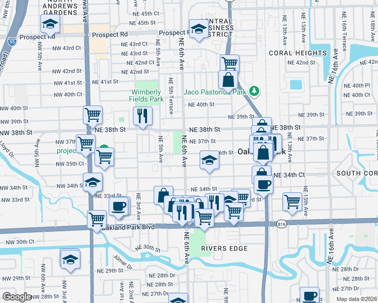map of restaurants, bars, coffee shops, grocery stores, and more near 698 Northeast 36th Street in Oakland Park