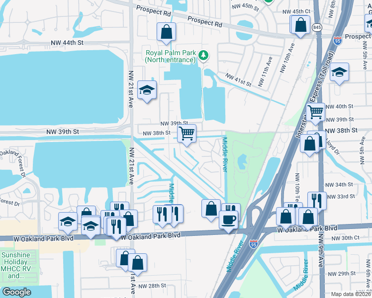 map of restaurants, bars, coffee shops, grocery stores, and more near 3665 Northwest 17th Way in Oakland Park