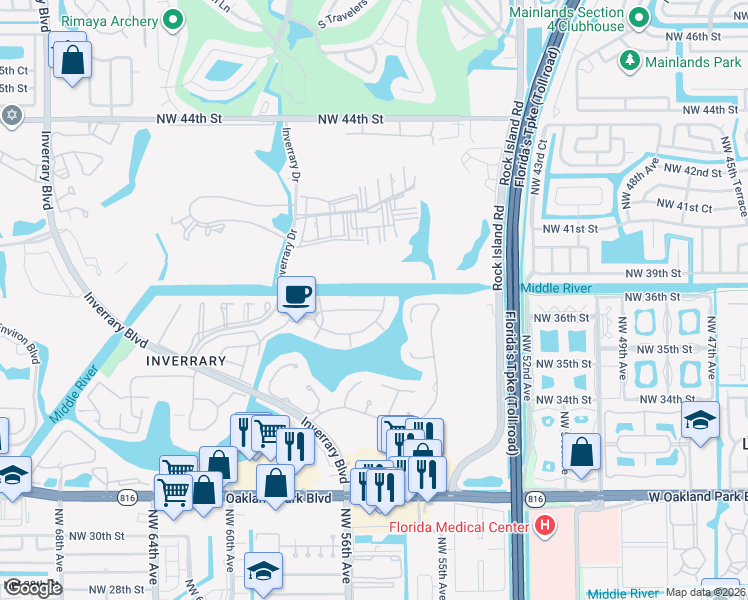 map of restaurants, bars, coffee shops, grocery stores, and more near 3740 Inverrary Drive in Lauderhill