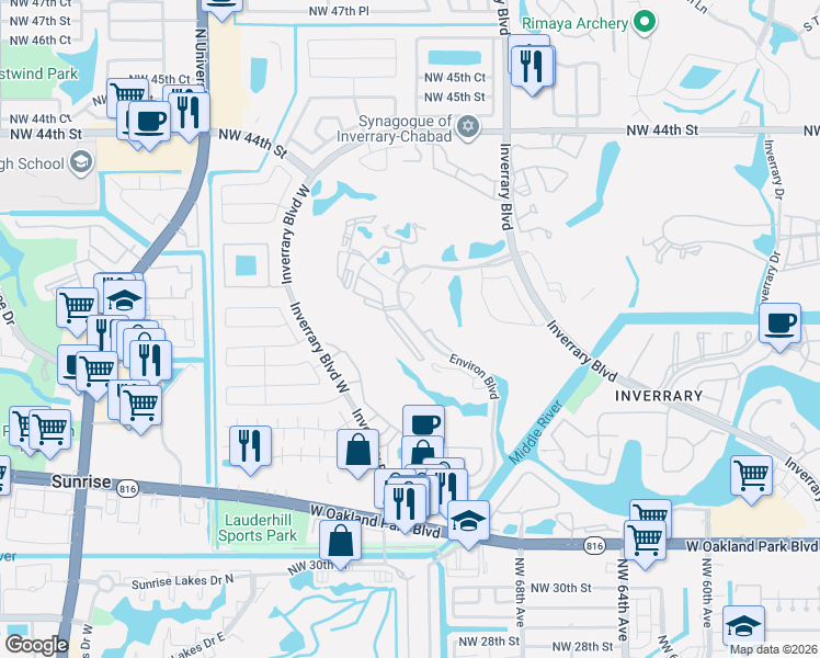 map of restaurants, bars, coffee shops, grocery stores, and more near 3771 Environ Boulevard in Lauderhill
