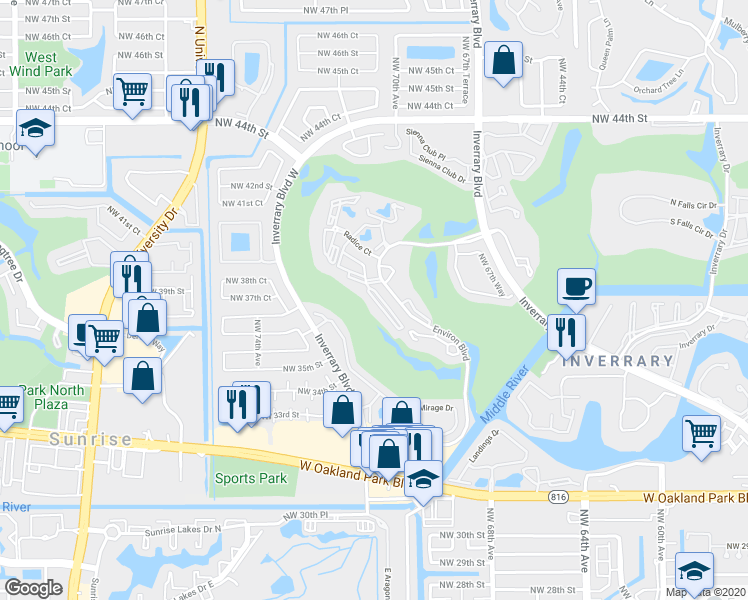 map of restaurants, bars, coffee shops, grocery stores, and more near 3771 Environ Boulevard in Lauderhill