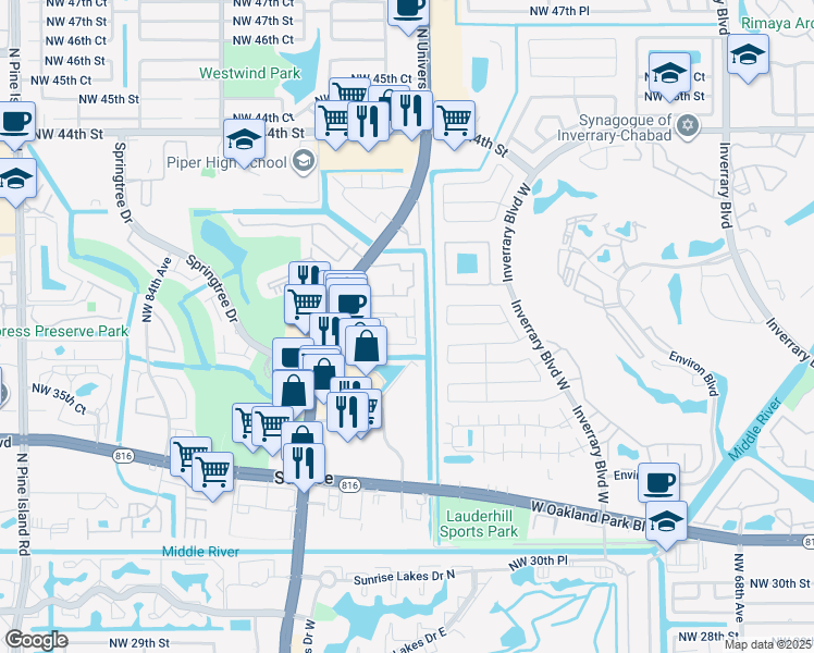 map of restaurants, bars, coffee shops, grocery stores, and more near 38 The Common in Sunrise