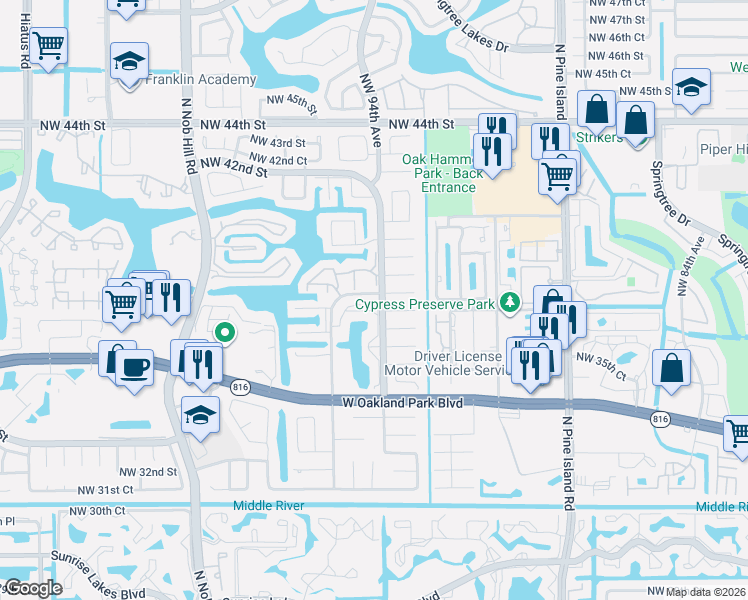 map of restaurants, bars, coffee shops, grocery stores, and more near 9381 Northwest 37th Court in Sunrise