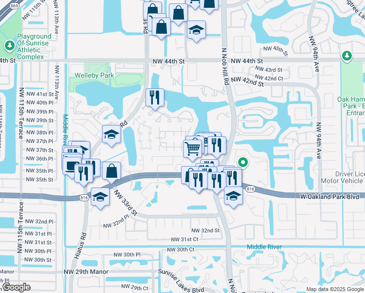 map of restaurants, bars, coffee shops, grocery stores, and more near 10057 Winding Lake Road in Sunrise