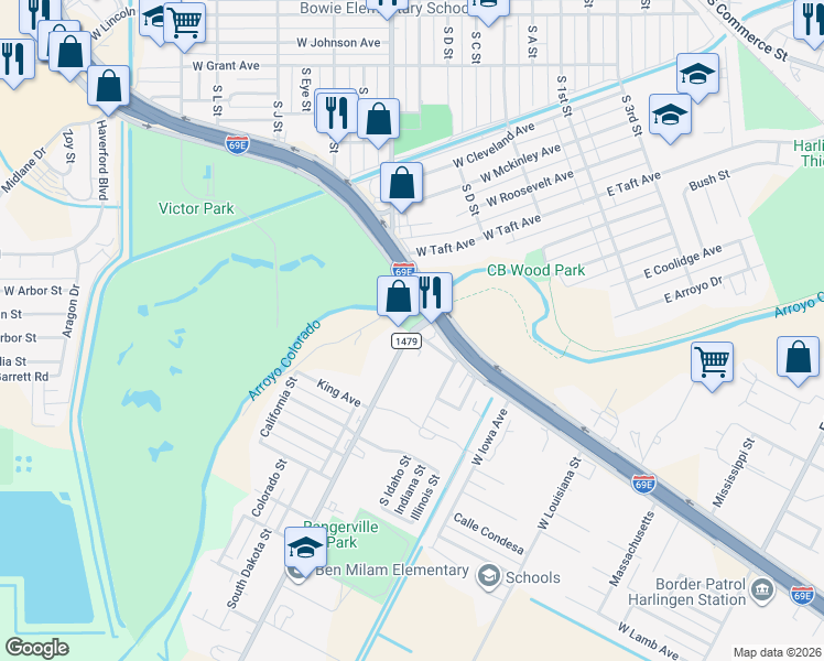 map of restaurants, bars, coffee shops, grocery stores, and more near 320 Rangerville Road in Harlingen