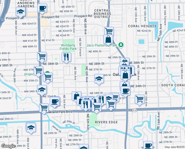 map of restaurants, bars, coffee shops, grocery stores, and more near 698 Northeast 36th Street in Oakland Park