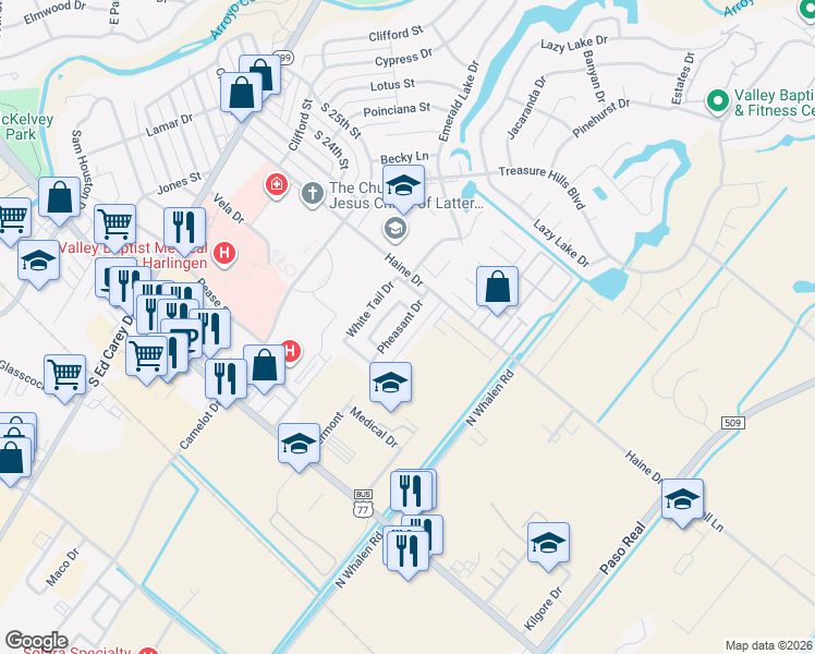 map of restaurants, bars, coffee shops, grocery stores, and more near 1910 Pheasant Drive in Harlingen