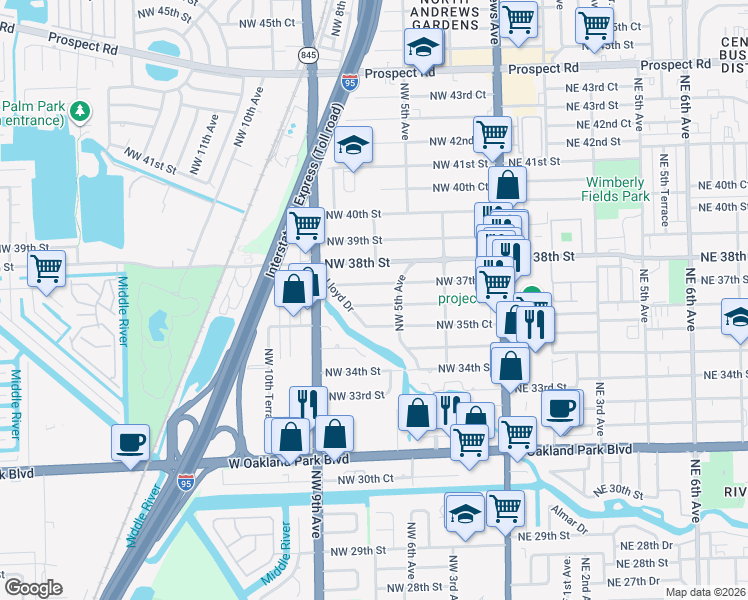 map of restaurants, bars, coffee shops, grocery stores, and more near 760 Northwest 36th Street in Oakland Park