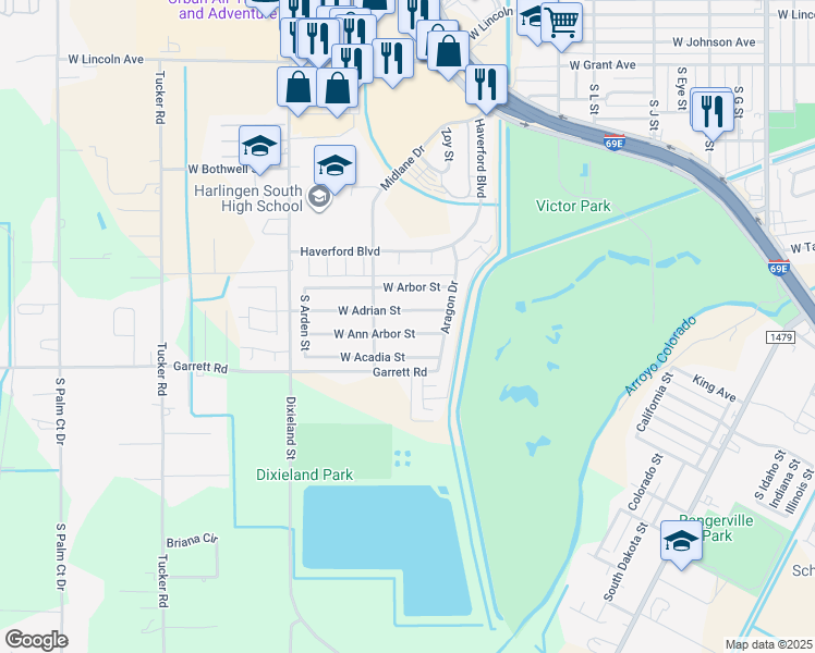 map of restaurants, bars, coffee shops, grocery stores, and more near 2002 West Ann Arbor Street in Harlingen