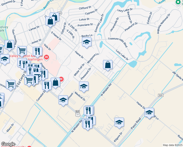 map of restaurants, bars, coffee shops, grocery stores, and more near 2020 Treasure Oaks Drive in Harlingen
