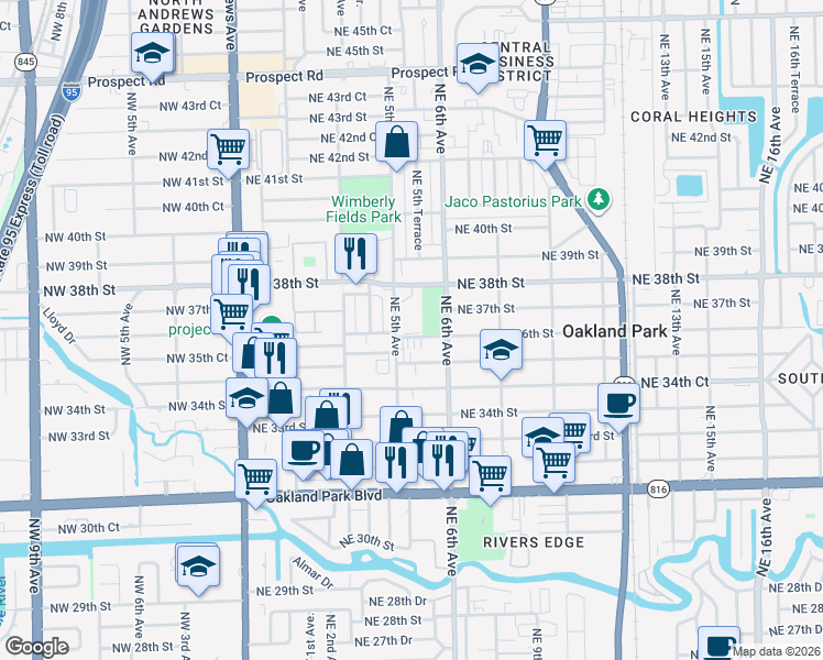 map of restaurants, bars, coffee shops, grocery stores, and more near 3572 Northeast 5th Avenue in Oakland Park