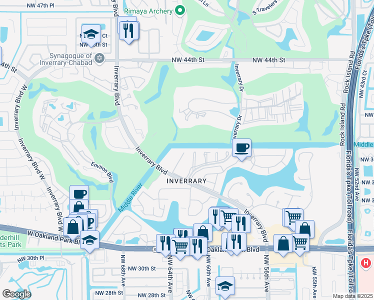 map of restaurants, bars, coffee shops, grocery stores, and more near 3521 Inverrary Drive in Lauderhill