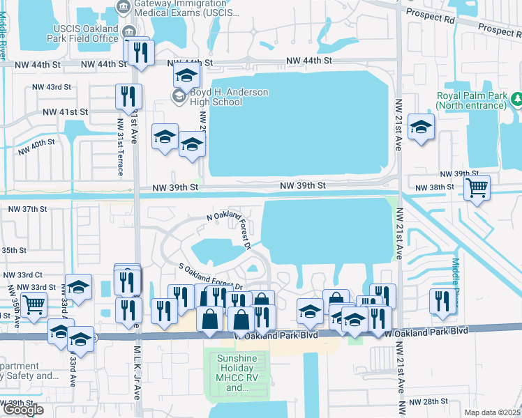map of restaurants, bars, coffee shops, grocery stores, and more near 2831 North Oakland Forest Drive in Oakland Park