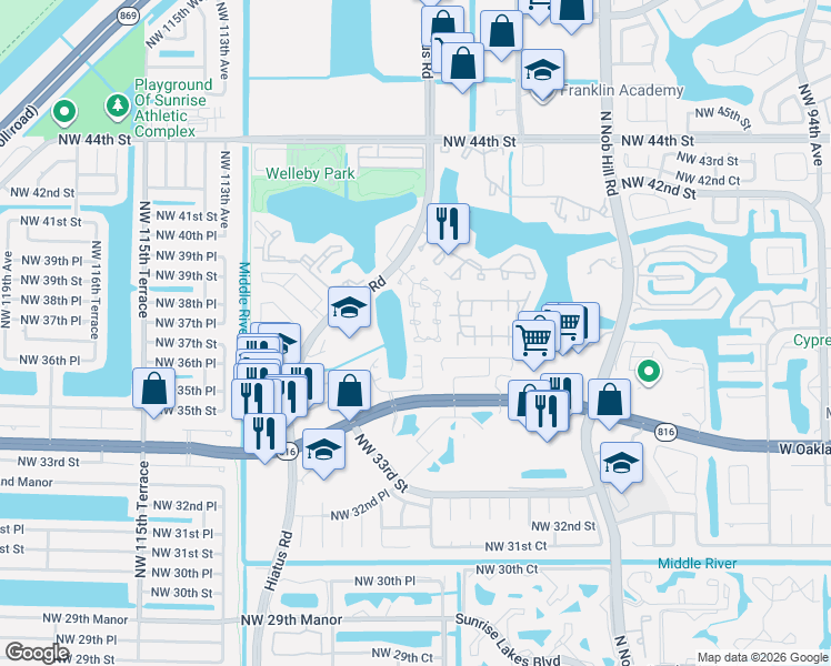 map of restaurants, bars, coffee shops, grocery stores, and more near 3705 Northwest 107th Way in Sunrise