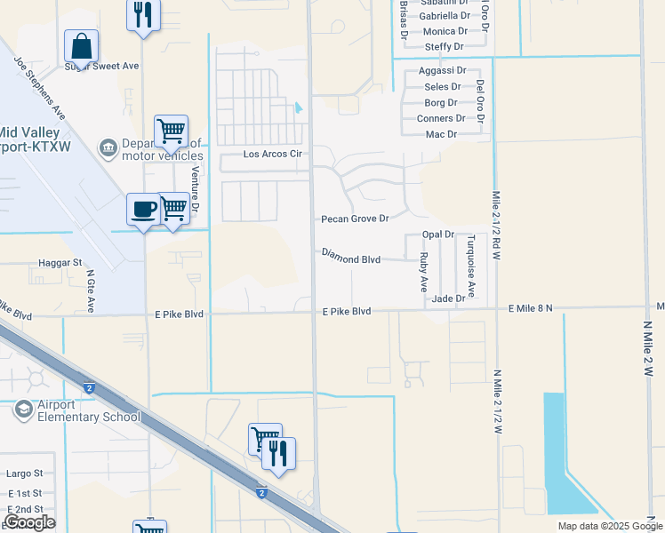 map of restaurants, bars, coffee shops, grocery stores, and more near 1105 Topaz Circle in Weslaco