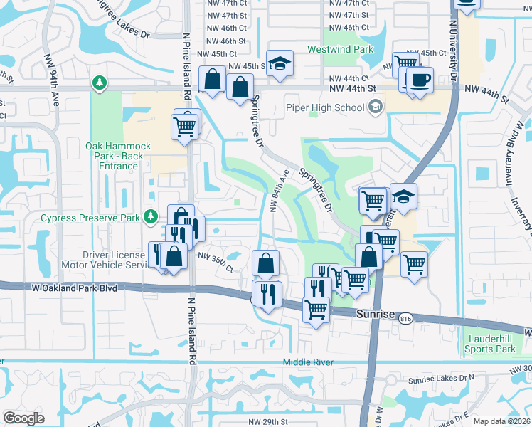 map of restaurants, bars, coffee shops, grocery stores, and more near 3811 Northwest 84th Avenue in Sunrise