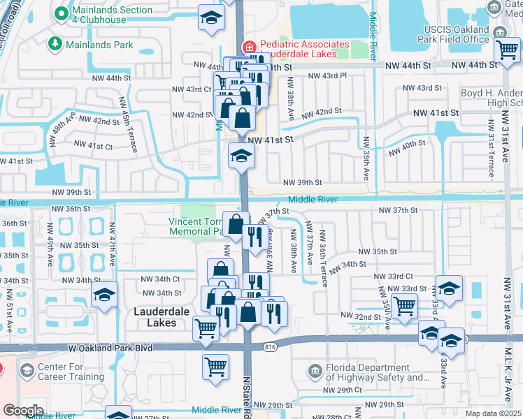 map of restaurants, bars, coffee shops, grocery stores, and more near 3898 Northwest 37th Street in Lauderdale Lakes