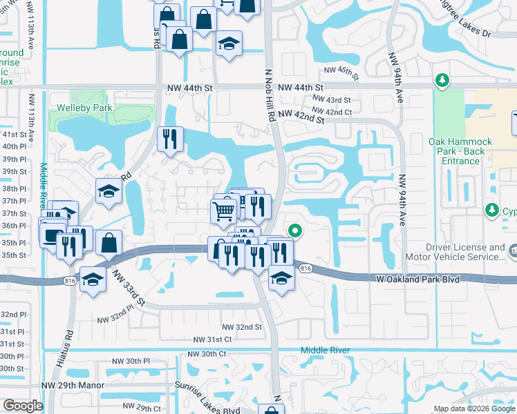 map of restaurants, bars, coffee shops, grocery stores, and more near 10001 Winding Lake Road in Sunrise