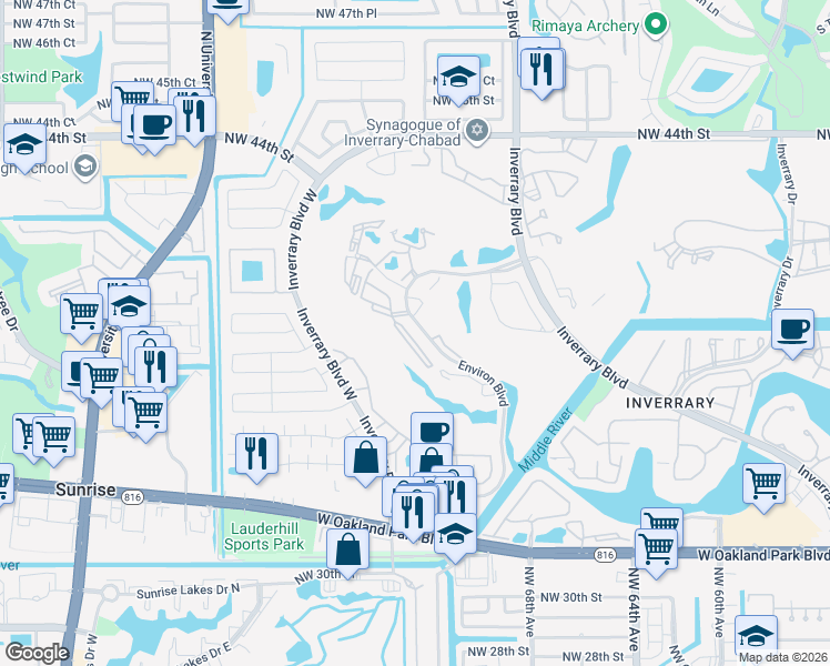 map of restaurants, bars, coffee shops, grocery stores, and more near 3771 Environ Boulevard in Lauderhill