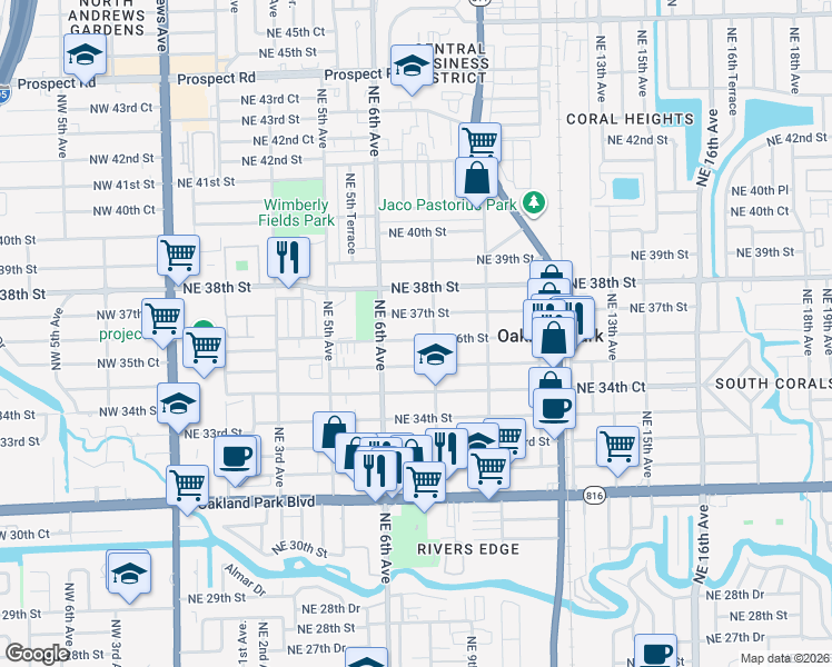 map of restaurants, bars, coffee shops, grocery stores, and more near 698 Northeast 36th Street in Oakland Park
