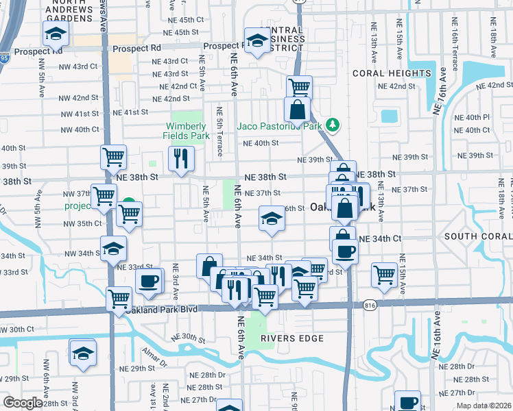 map of restaurants, bars, coffee shops, grocery stores, and more near 698 Northeast 36th Street in Oakland Park