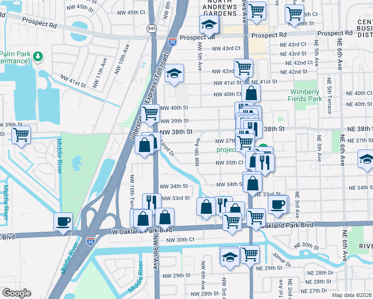map of restaurants, bars, coffee shops, grocery stores, and more near 760 Northwest 36th Street in Oakland Park