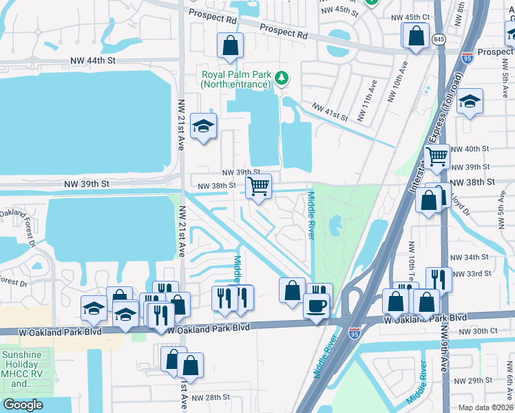 map of restaurants, bars, coffee shops, grocery stores, and more near 3665 Northwest 17th Way in Oakland Park