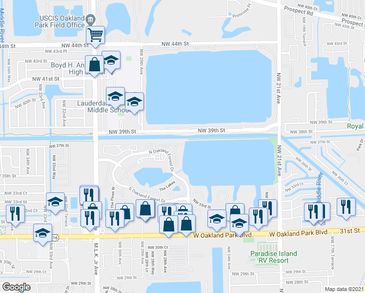map of restaurants, bars, coffee shops, grocery stores, and more near 2831 North Oakland Forest Drive in Oakland Park