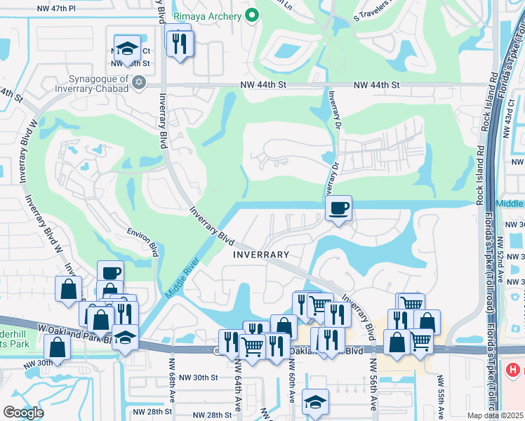 map of restaurants, bars, coffee shops, grocery stores, and more near 3521 Inverrary Drive in Lauderhill
