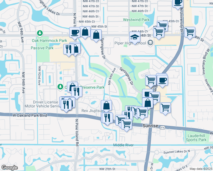 map of restaurants, bars, coffee shops, grocery stores, and more near 3811 Northwest 84th Avenue in Sunrise