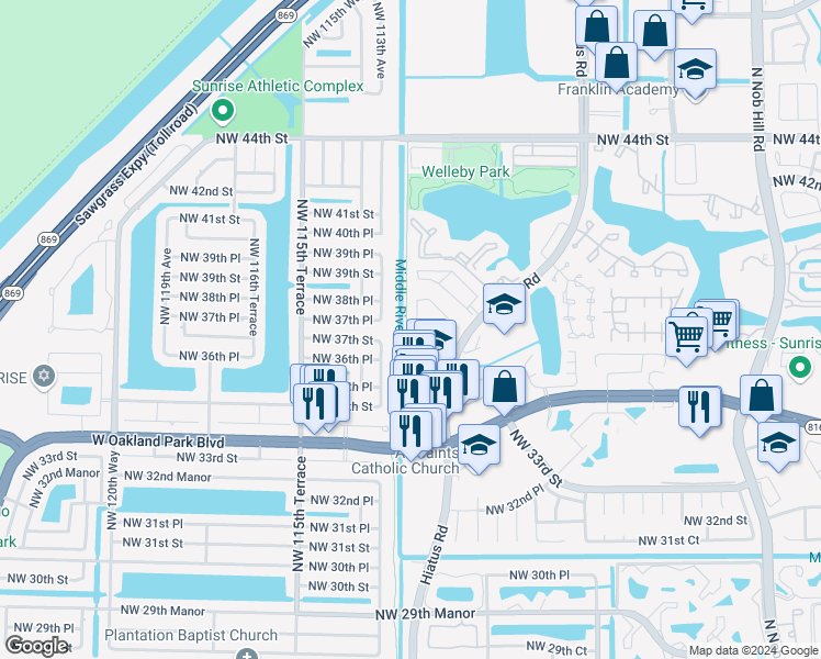 map of restaurants, bars, coffee shops, grocery stores, and more near 3541 Northwest 111th Terrace in Sunrise